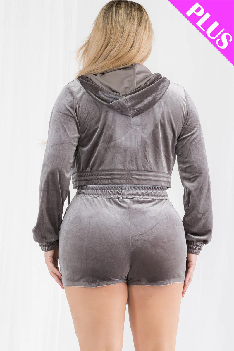 Plus Size Velour Crop Zip up Hoodie and Shorts Set (CAPELLA)