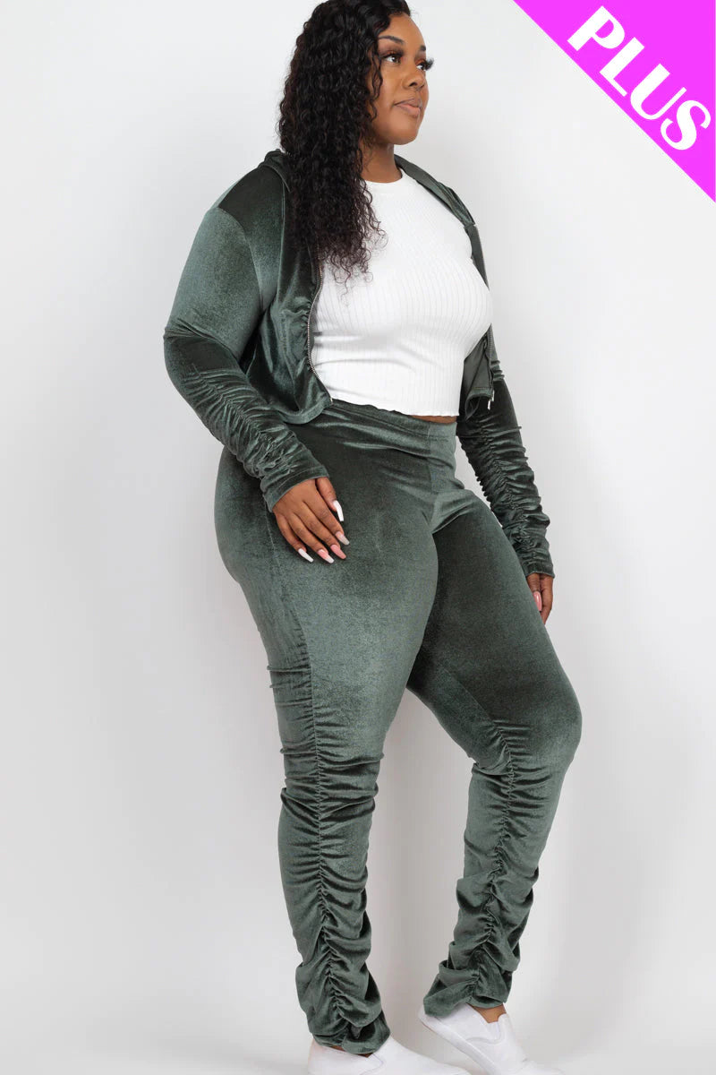 Plus Size Velour Ruched Front Zip up Jacket & Stacked Pants Set (CAPELLA)