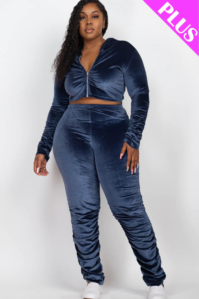 Plus Size Velour Ruched Front Zip up Jacket & Stacked Pants Set (CAPELLA)